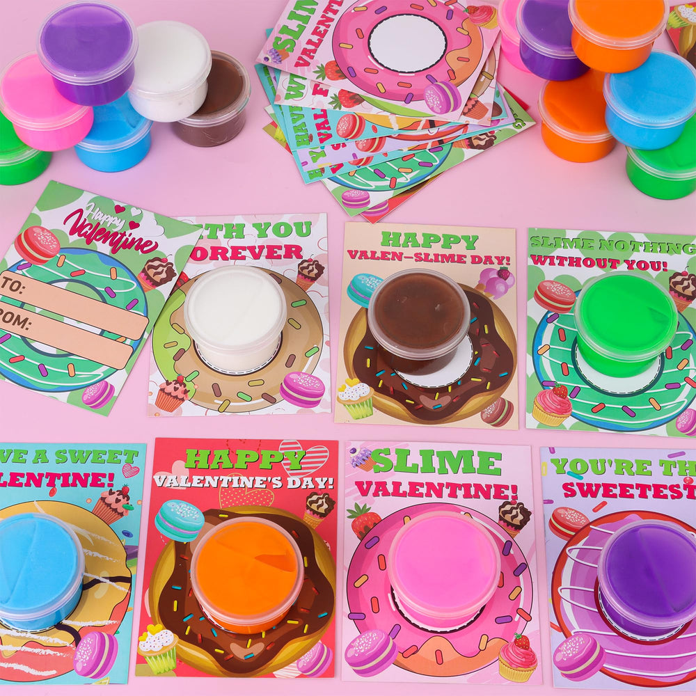 Grastfu glue dots securely attach slime to Valentine cards for neat designs.