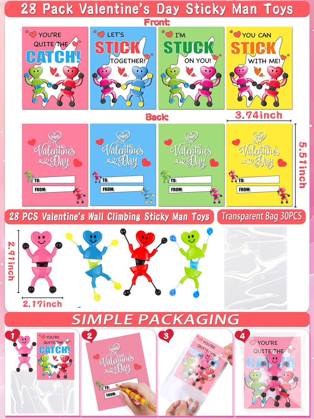 Grastfu pink heart sticky man with cards ready for classroom exchange