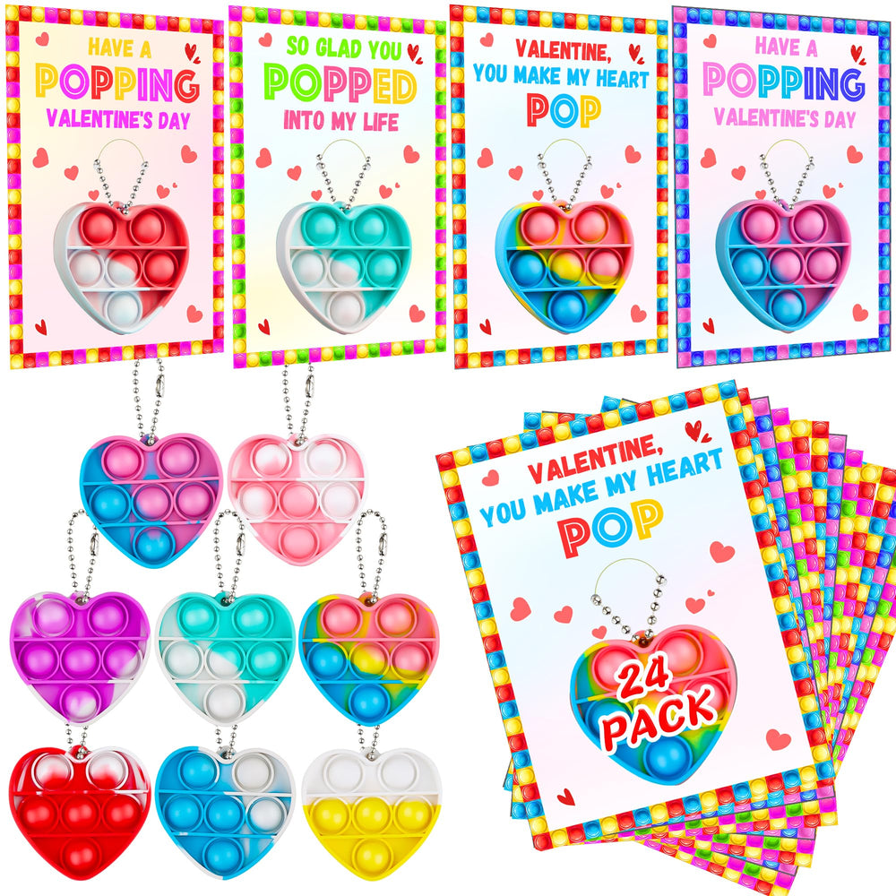 Grastfu Valentines cards with mini pop heart keychains ready for classroom gifting.