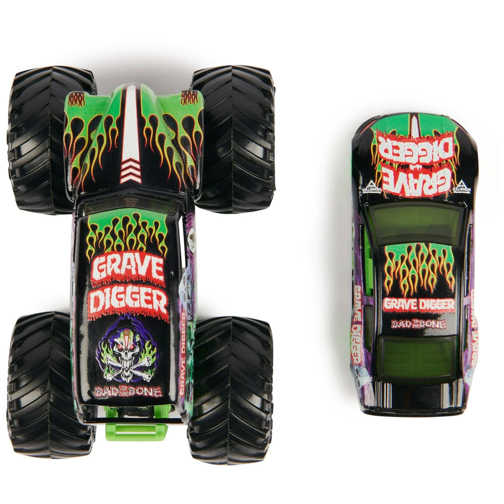 Grave Digger 1:64 race car top view highlights sleek design and decals.