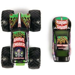 Grave Digger 1:64 race car top view highlights sleek design and decals.