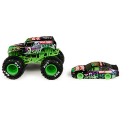 Grave Digger 1:64 truck side view showing chassis and tires.