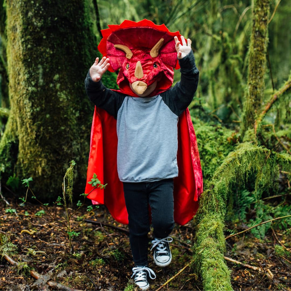 Great Pretenders Triceratops hooded cape perfect for Halloween parties and school events.