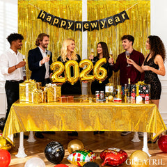 GreatRIL gold tablecloth used in NYE decor for instant festive glamour