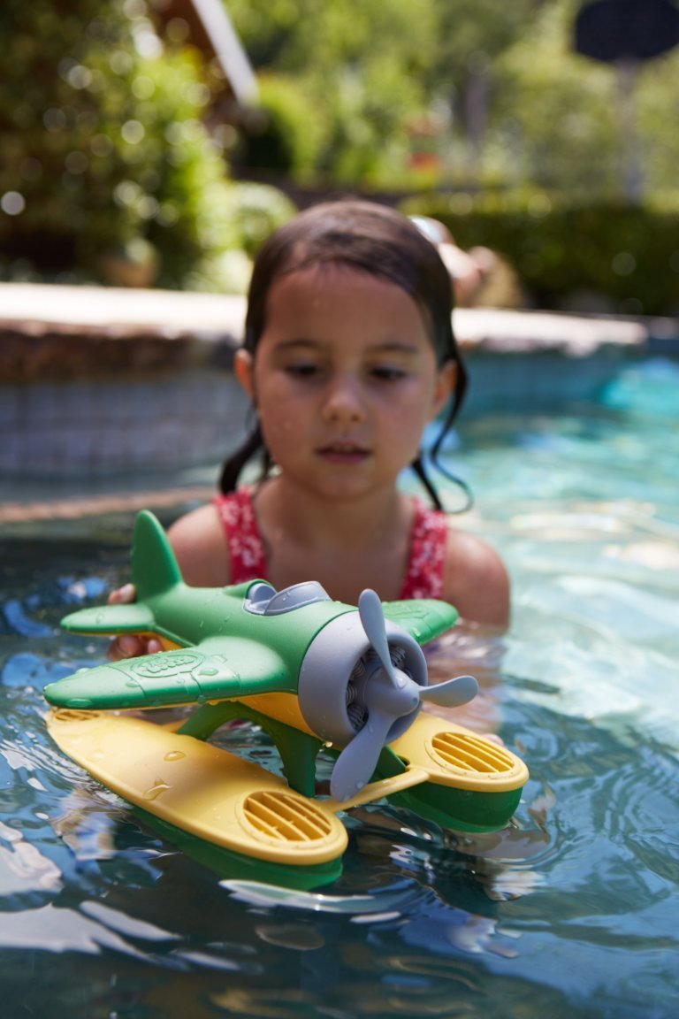 Green Toys Seaplane dishwasher-safe for easy cleanup after bathtime adventures.