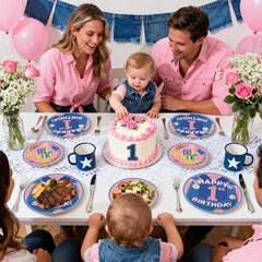 Greencian pink cowboy rainbows motif brightens a girl birthday table