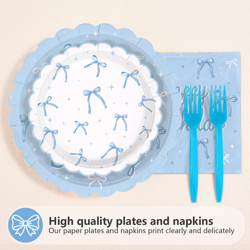 Greencian Blue Bow 16th dessert plates brighten dessert tables with contrast and charm.