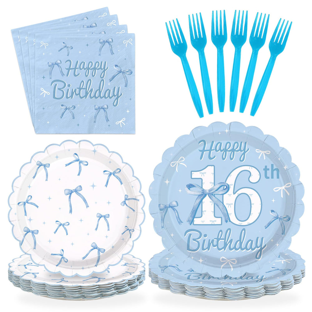 Greencian Blue Bow dinner plates for a stylish 16th birthday celebration.