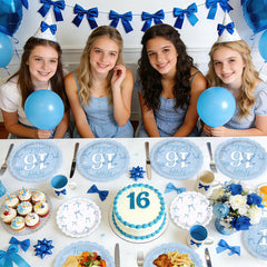 Greencian Blue Bow birthday table coordinates the theme for festive seating.