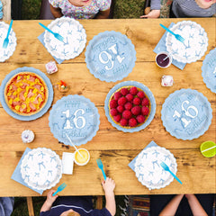 Greencian Blue Bow tableware set bundles plates, napkins, and forks for convenient hosting.