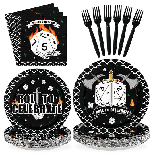Greencian D20 9-inch plates enhance RPG celebrations with bold dice imagery.