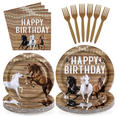 Greencian horse birthday dinner plates showcase white, brown and black horses for a Western party.