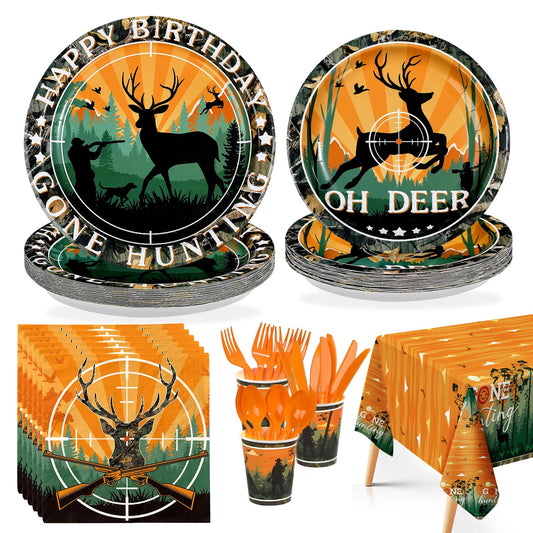 Greencian hunting camo plates enhance outdoor birthday tables