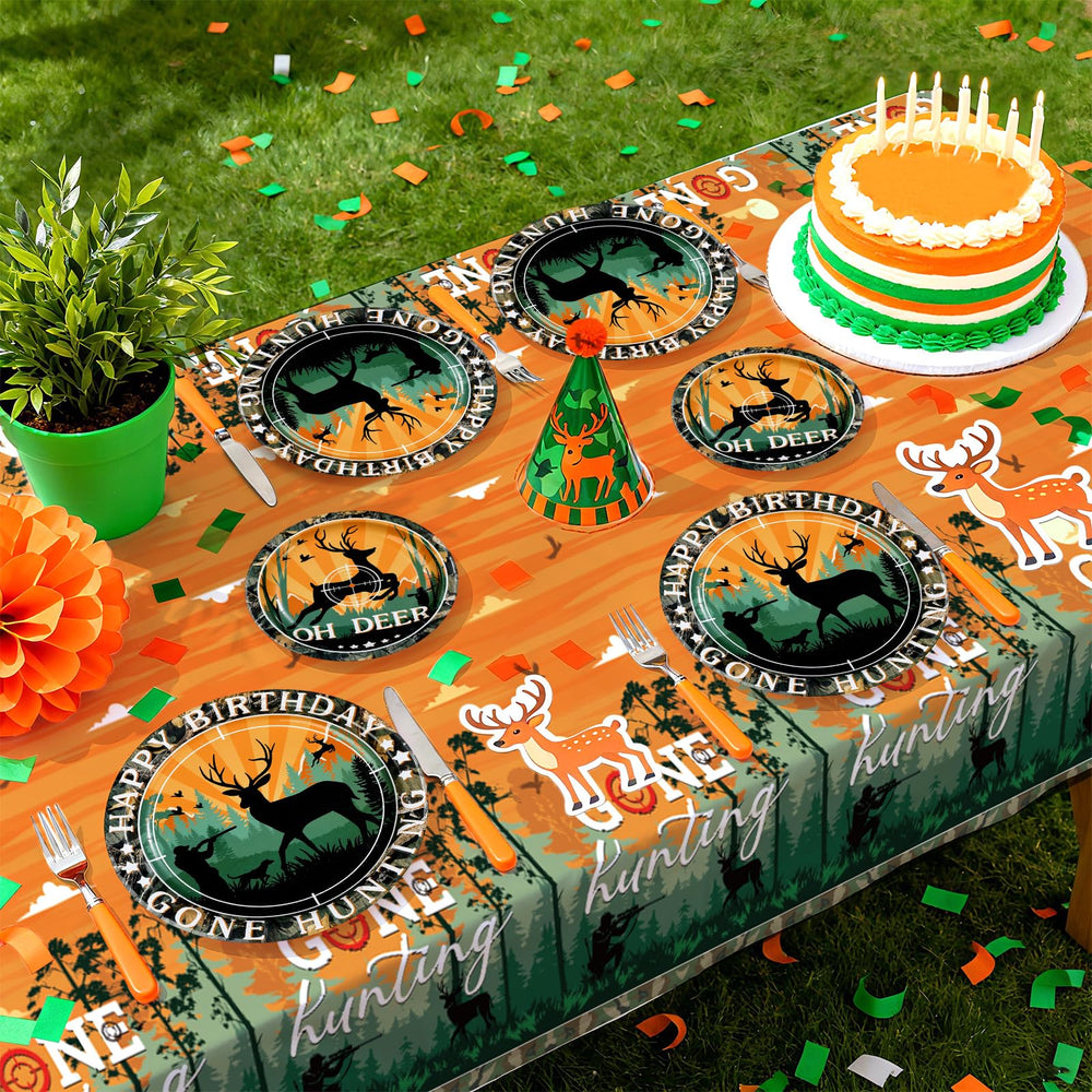 Greencian hunting camo tablecloth protects surfaces during party
