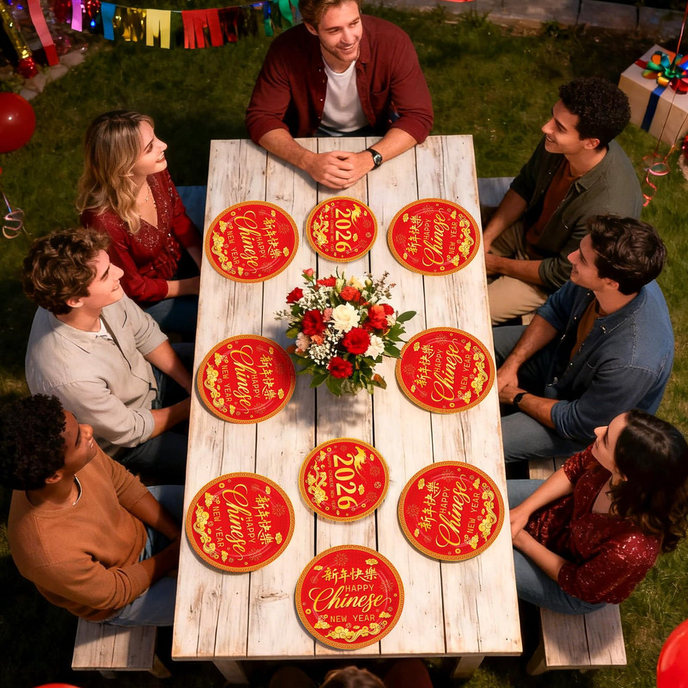 Greencian party setup ideas for a coordinated Chinese New Year table.
