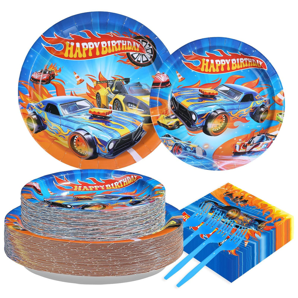Greencian racing car plates 9-inch; bold colors for party-ready display.