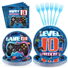 Grencian 96-piece video game tableware blue level-10 plates for easy party setup.
