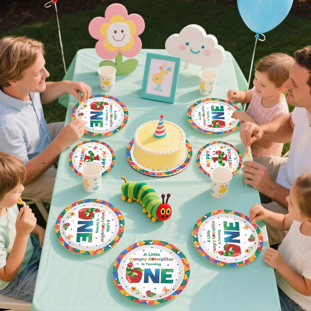 Grencian caterpillar plates and napkins coordinate for cohesive look