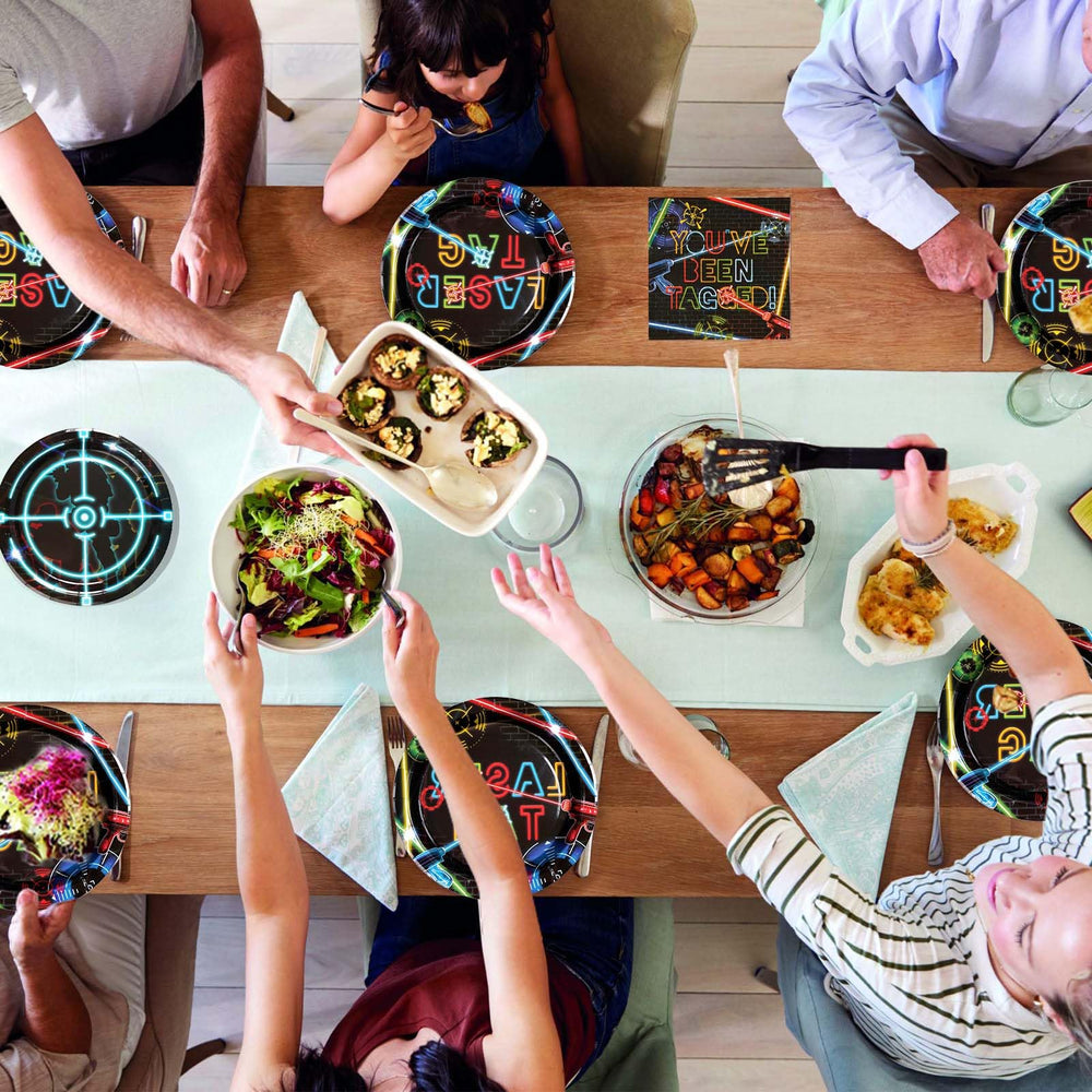 Grencian disposable tableware for easy cleanup after glow party fun.