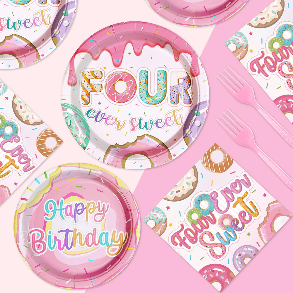 Grencian donut-themed decorations create vibrant girly birthday ambiance.