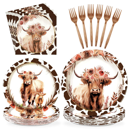 Grencian Highland Cow 96pc tableware set pack shot for easy autumn entertaining.