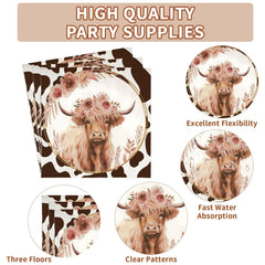 Grencian Highland Cow napkins with floral print enhance table ambience.