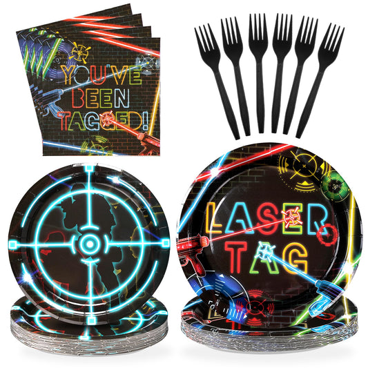 Grencian laser tag dinner plates 9in with neon print for vibrant party meals.