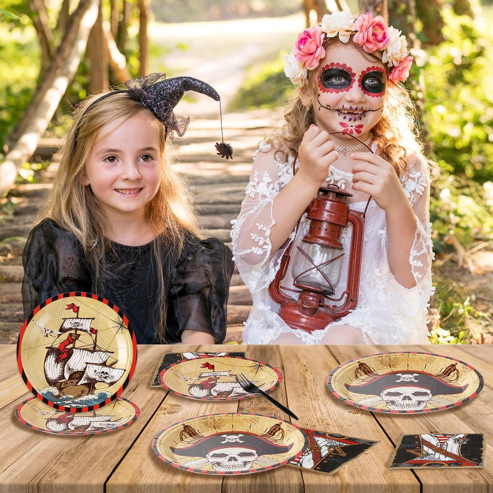 Grencian pirate tableware design with ships and crossbones