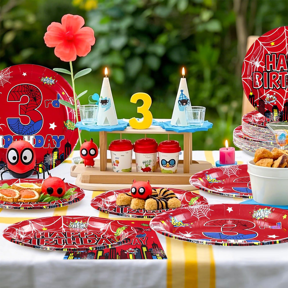 Grencian spider hero-city design accents the table for a festive vibe.