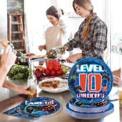 Grencian video game theme decor with blue visuals enhances party atmosphere.