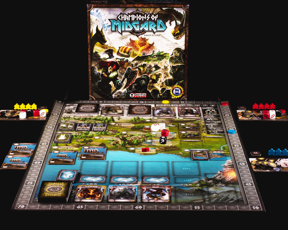 Grey Fox Games Champions of Midgard components laid out for setup