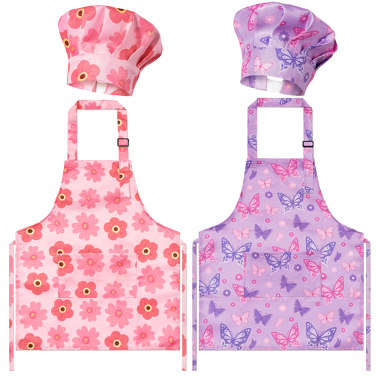 GROBRO7 pink theme kids apron and hat set with floral pattern for creative baking