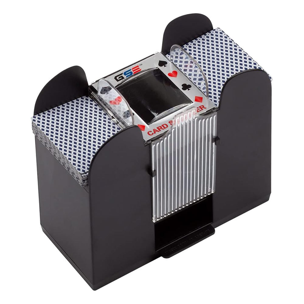 GSE 6-deck automatic card shuffler front view showing compact design and quick operation