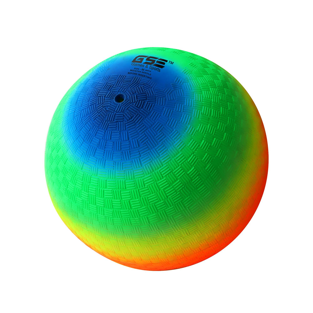 GSE 8.5-inch rainbow playground ball being inflated for play.