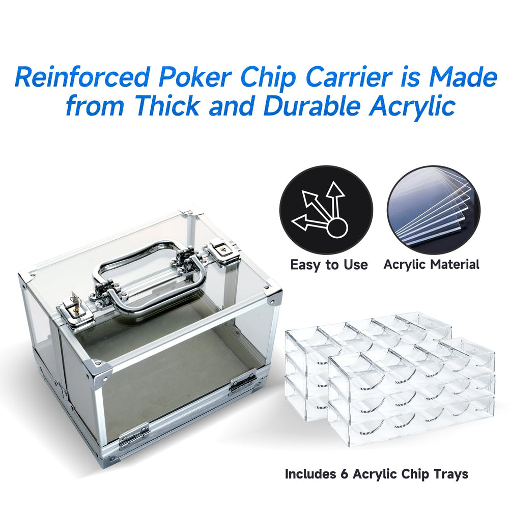GSE acrylic poker chip case open lid with six trays for organized chips.