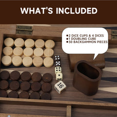 GSE wooden dice cups and two dice for authentic gameplay.