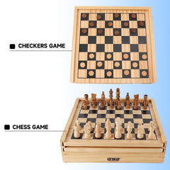 GSE wooden board includes backgammon pieces and storage for clutter-free setups.