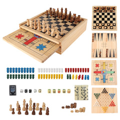 GSE wooden 9-in-1 board with chess pieces and built-in storage keeps games organized.