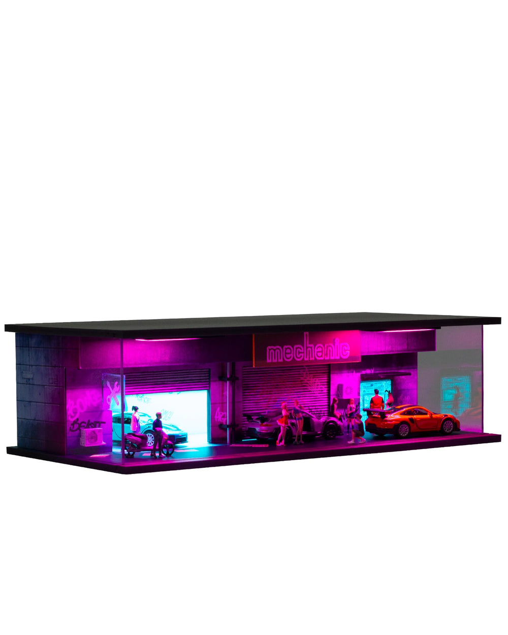 Gtcwmx 1/64 display case with cyberpunk LED lights highlighting a diecast model