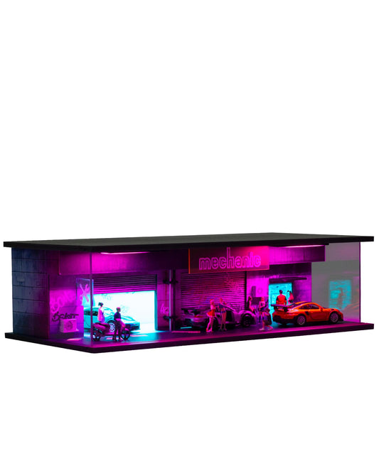 Gtcwmx 1/64 display case with cyberpunk LED lights highlighting a diecast model