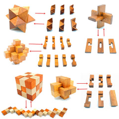 Guaishou wooden brain teaser pieces interlock to challenge reasoning.