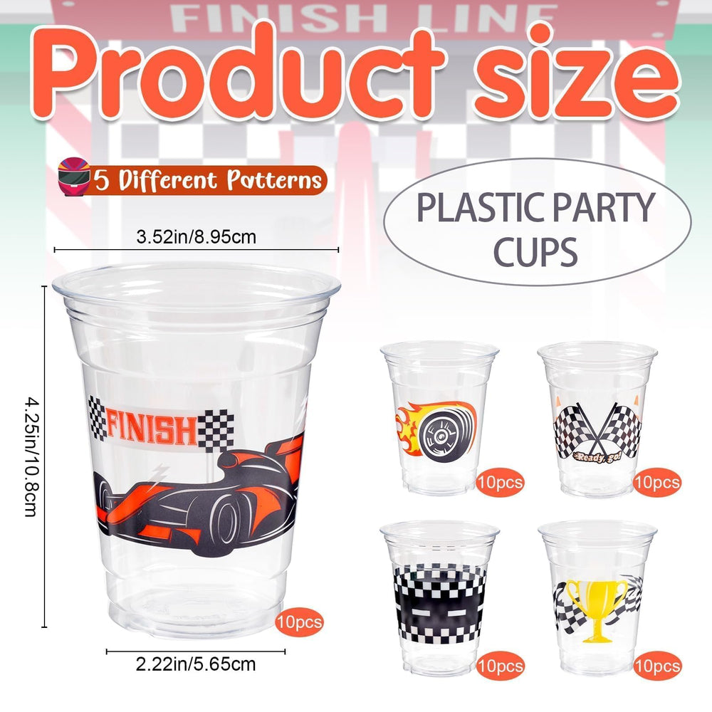 GuassLee Race car party cups coordinate with banners and plates for cohesive tables
