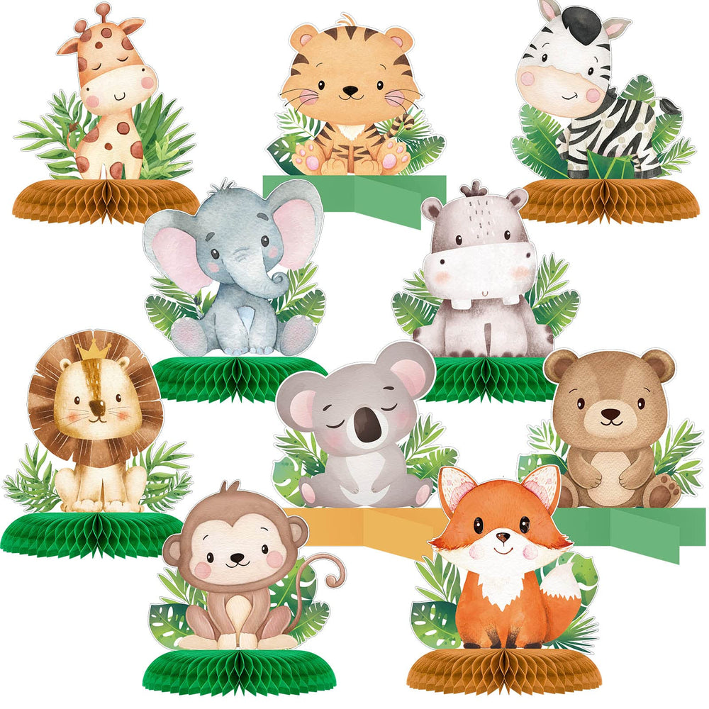 Gueevin safari honeycomb centerpiece brightens baby shower tables.