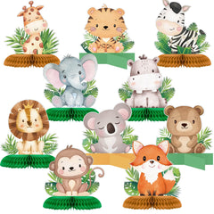Gueevin safari honeycomb centerpiece brightens baby shower tables.