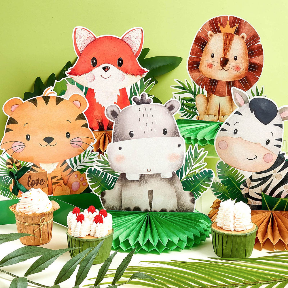 Gueevin safari honeycomb centerpiece viewed from multiple angles on the table.
