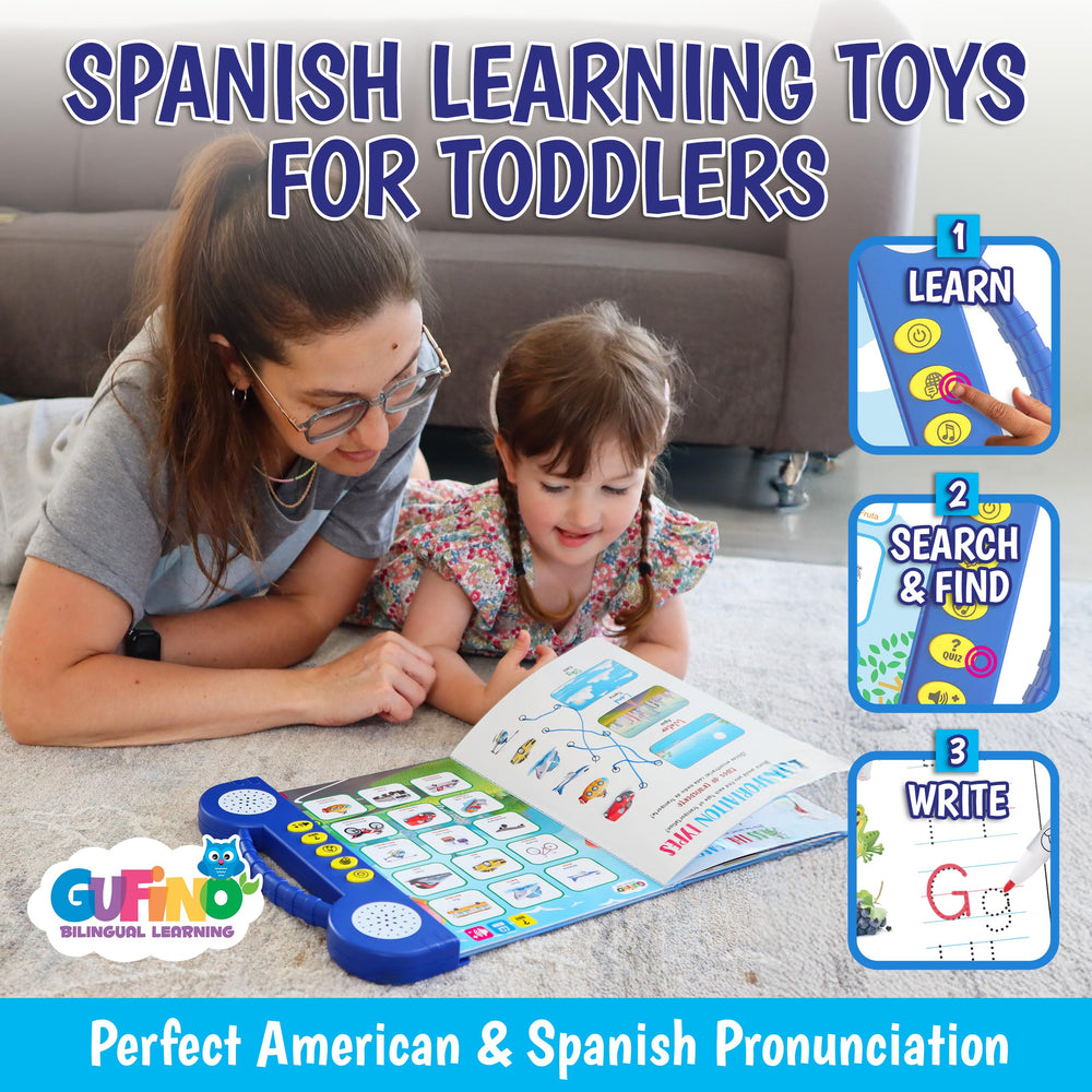 GUFINO child using interactive learning book promotes hands-on spelling and pronunciation practice.