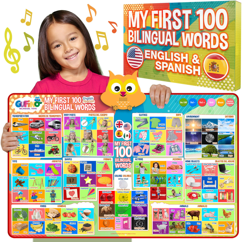 GUFINO First 100 Words poster on wall shows bilingual vocabulary with vivid images.