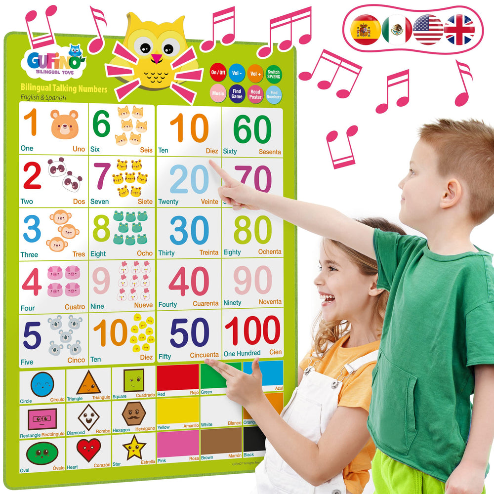 GUFINO interactive number chart wall promotes early number recognition in English and Spanish.