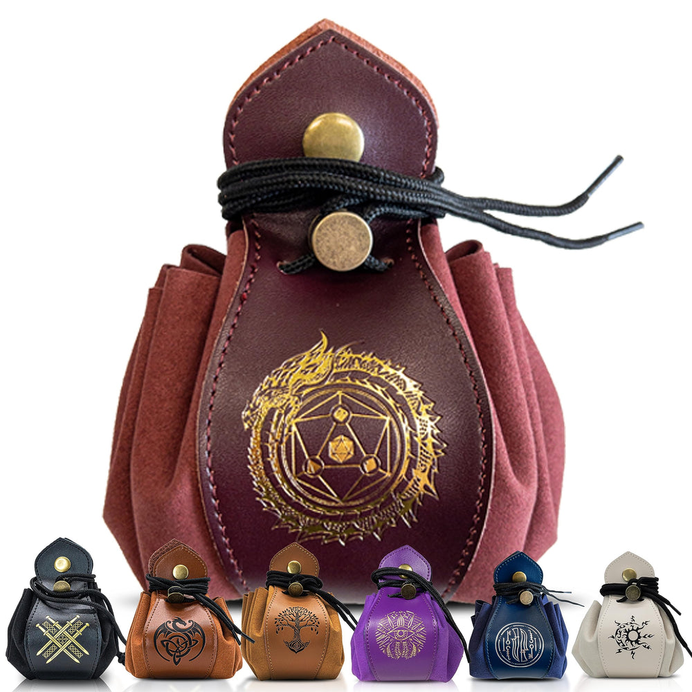 Guilt Free Gaming genuine leather RPG bag with foil stamps on both sides for durable, immersive dice storage.