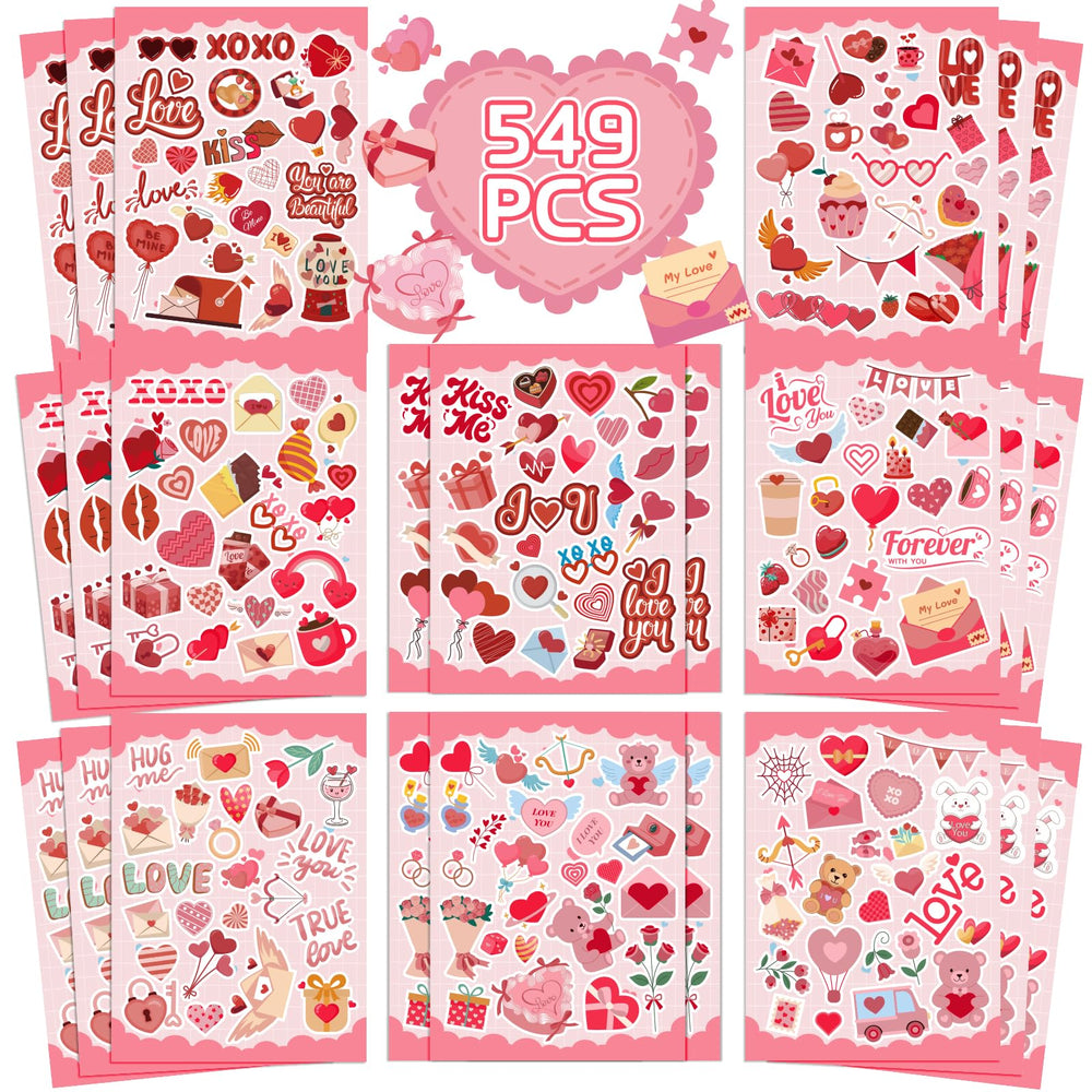 GULWAT Valentines sticker sheets laid out for kids' crafts and gifts